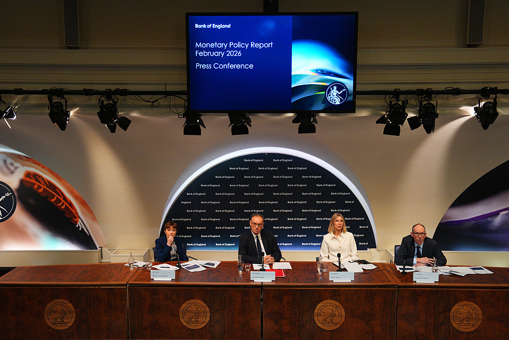 Governor of the Bank of England, Andrew Bailey, (2L) flanked by Clare Lombardelli (L), Katie Martin (2R) and Dave Ramsden (R) talks during a Bank of England Monetary Policy Report press conference on February 05, 2026 in London, England