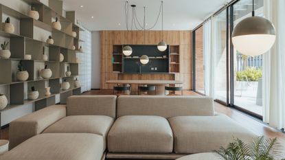 A chic and stylish home with a sofa, plants and lighting