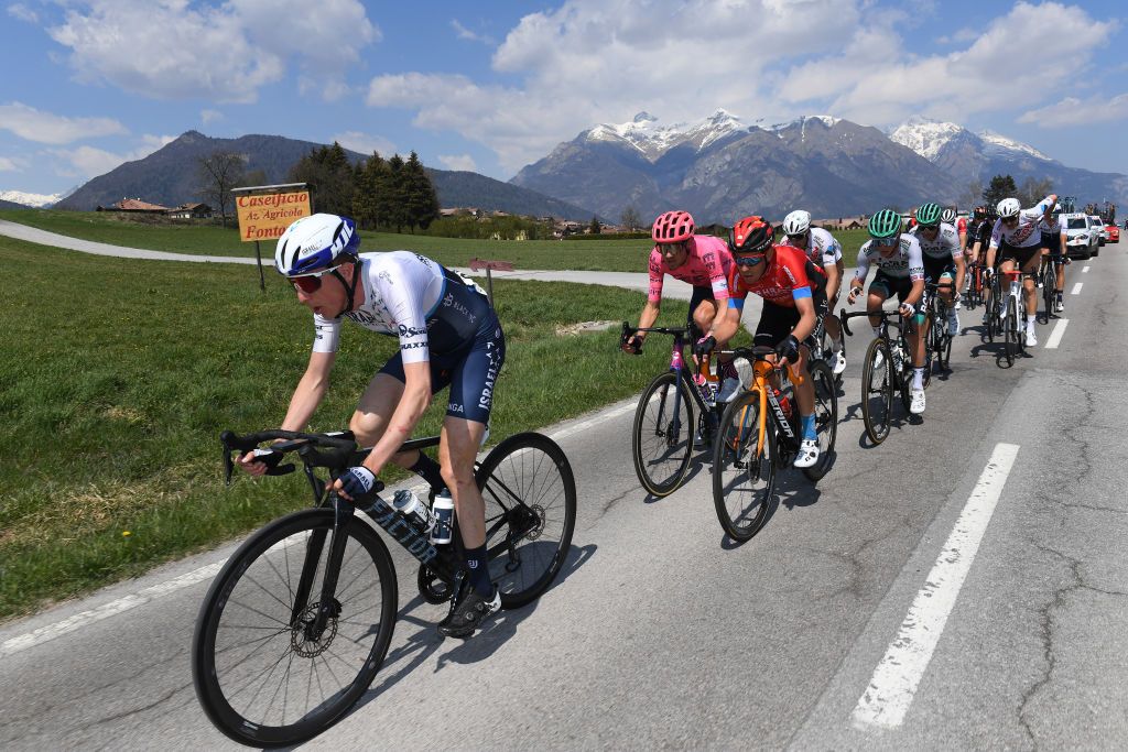 RIVA DEL GARDA ITALY APRIL 23 Daniel Martin of Ireland and Team Israel StartUp Nation Tejay Van Garderen of United States and Team EF Education Nippo Hermann Pernsteiner of Austria and Team Bahrain Victorious in the Breakaway during the 44th Tour of the Alps 2021 Stage 5 a 1209km stage from Valle del Chiese Idroland to Riva del Garda TourofTheAlps TouroftheAlps on April 23 2021 in Riva del Garda Italy Photo by Tim de WaeleGetty Images