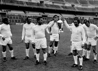 Real Madrid players celebrate after winning the European Cup for the fifth time in 1960.