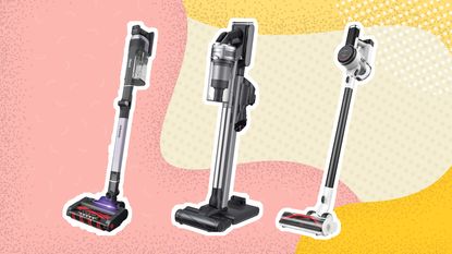 Best cordless vacuum cleaners: Shark, Tineco and Samsung vacuums on yellow and pink background