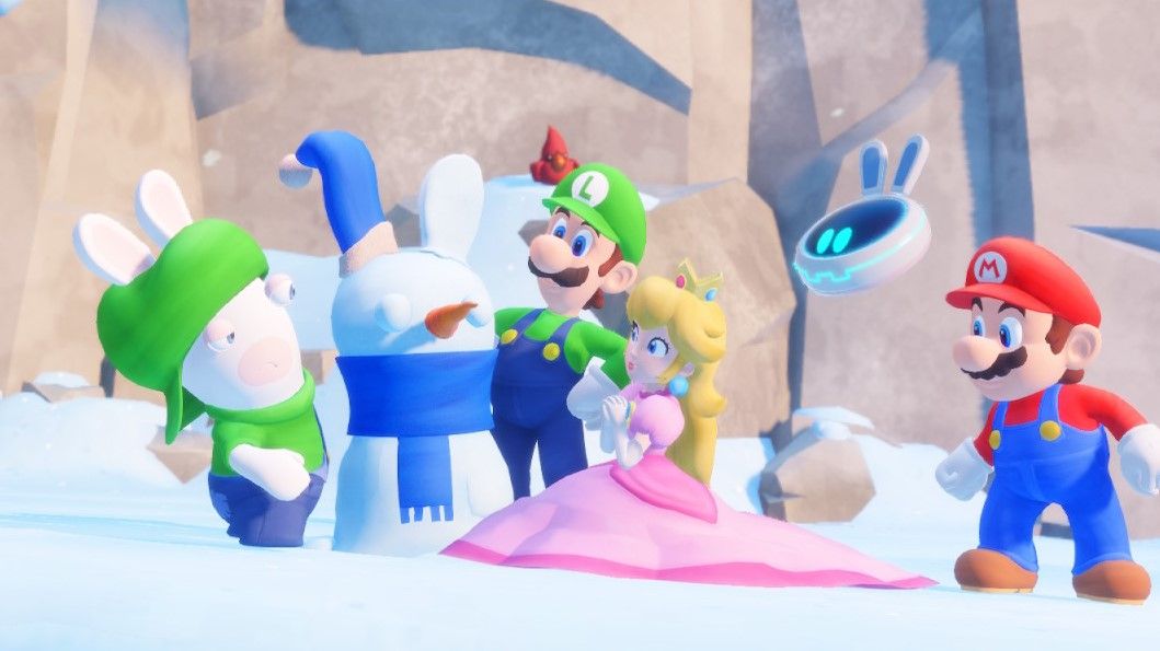 Mario, Luigi, Peach, Beep-O and Rabbid Luigi in Mario + Rabbids Sparks of Hope