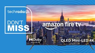 The Amazon Fire TV Omni Mini-LED with a sign saying Don't Miss