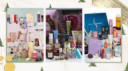 Three images of beauty advent calendars (L-R) from Cult Beauty, Anthropologie and Sephora, on a beige background with Christmas trees, oil and gold glitter swatches