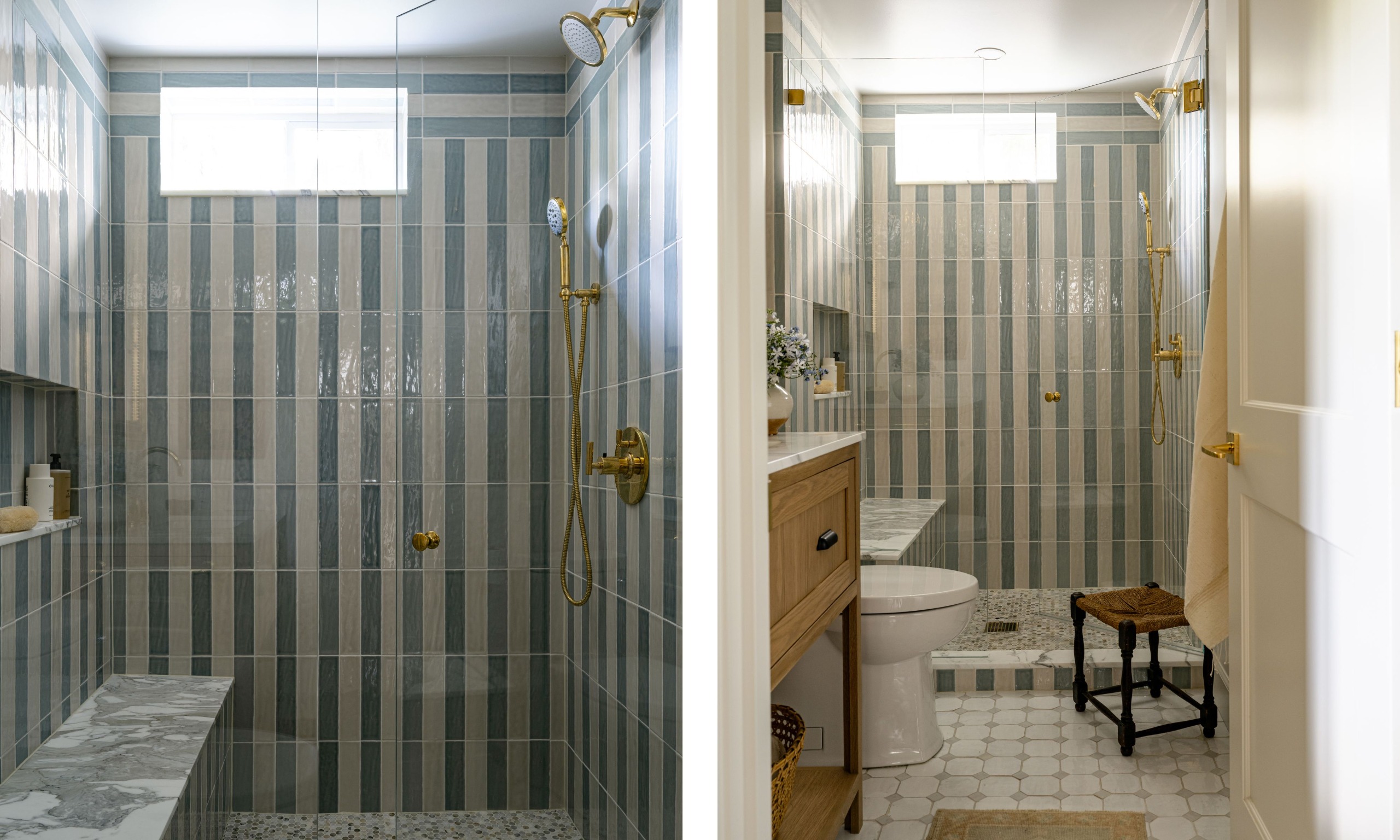 Two images of a small bathroom with blue and white striped shower tiles, brass hardware, a marble shower seat, stone flooring, and a wooden dresser.