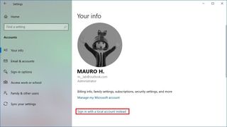 Account settings on Windows 10