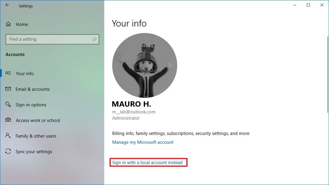 Account settings on Windows 10