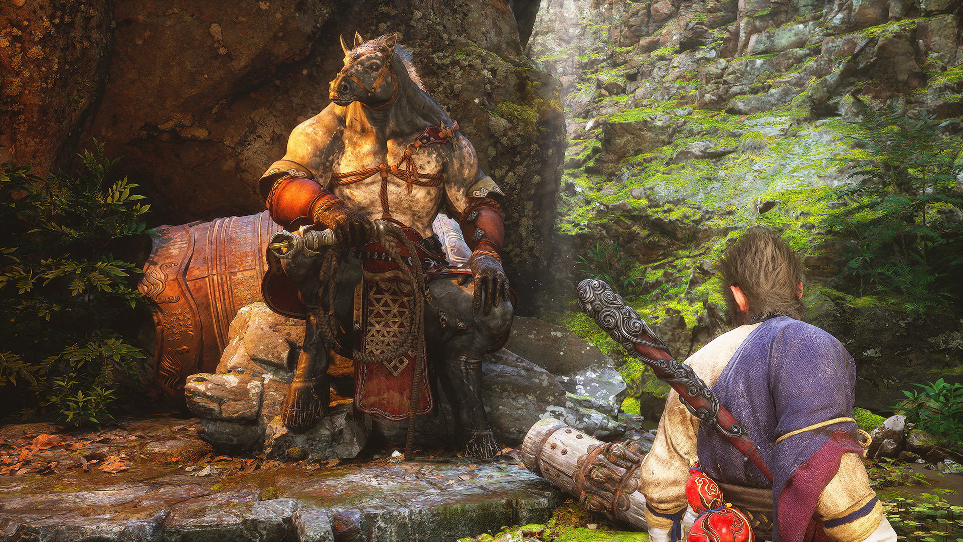 Black Myth Wukong screenshot of a horse man npc sitting on a rock in a forest