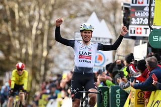 Portuguese Joao Almeida of UAE Team Emirates celebrates after winning stage four of the 83th edition of the Paris-Nice cycling race, 163,4km from Vichy to La Loge des Gardes, France, Wednesday 12 March 2025.
BELGA PHOTO DAVID PINTENS (Photo by DAVID PINTENS / BELGA MAG / Belga via AFP)