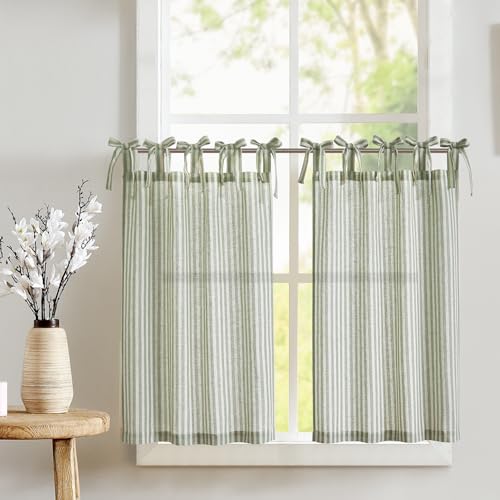 Topick Green Striped Linen Blend Kitchen Curtains for Living Room Bathroom Cupboard Bedroom 36 Inch Drop Pinstripe Cafe Small Window Curtains Light Filtering Tie Top 2 Panels