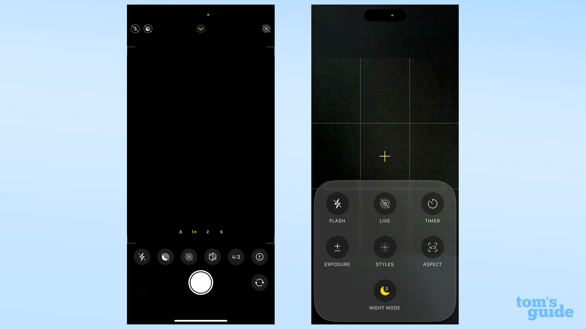 iOS 18's Camera app sub-menu (left) compared to iOS 26's version