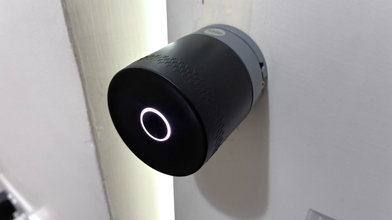 Side profile view of Yale Linus Smart Lock L2 Lite, with light illuminated