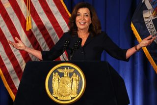 Lt. Gov. Kathy Hochul speaks during a press conference at the New York State Capitol on August 11, 2021 in Albany City. Lt. Gov. and incoming NY Gov. Kathy Hochul gave her first press conference after Gov. Andrew Cuomo announced that he will be resigning following the release of a report by the New York State Attorney General Letitia James, that concluded that Cuomo sexually harassed nearly a dozen women.