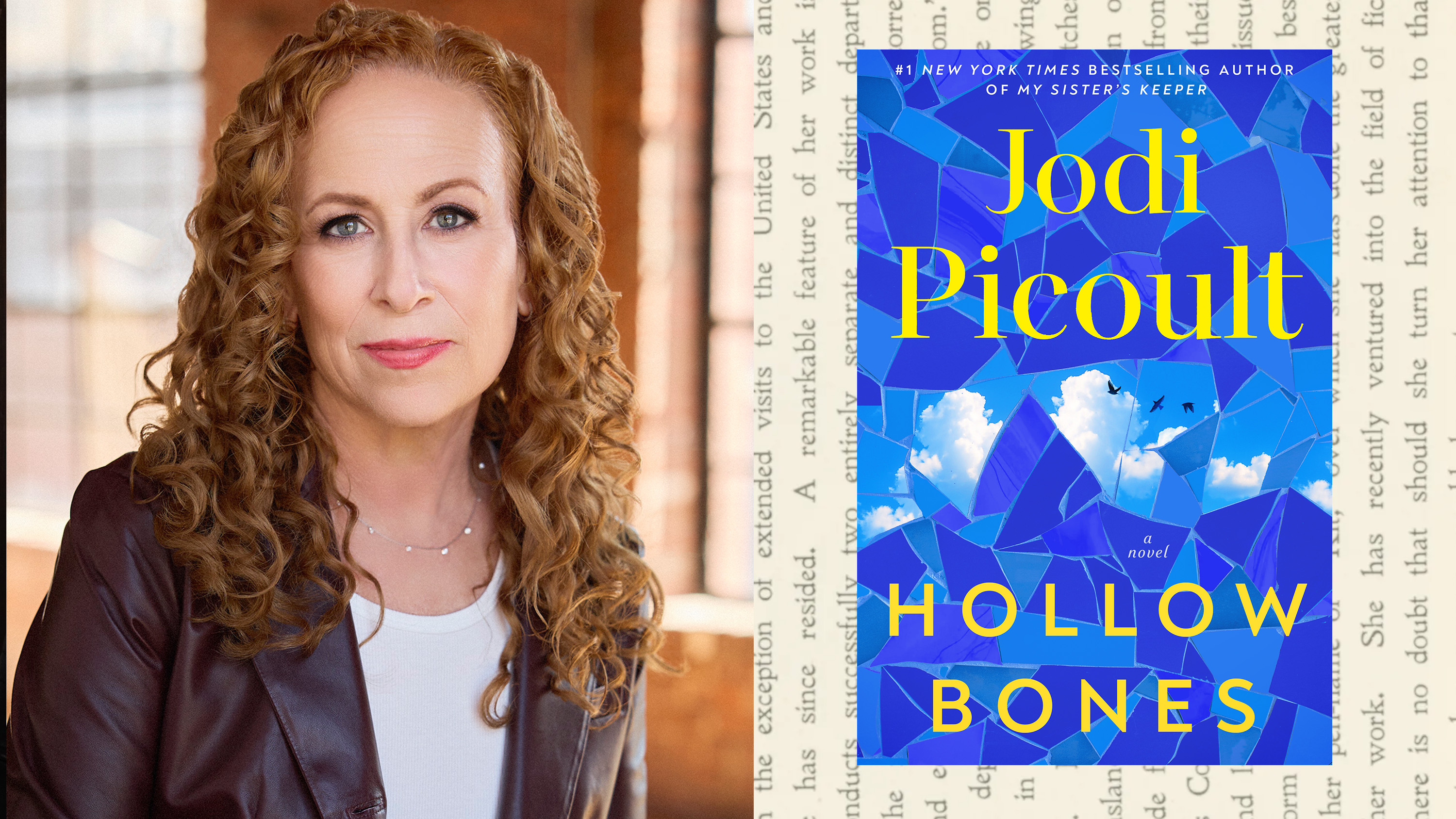 a split image of author jodi picoults headshot and the cover of her book hollow bones