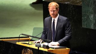 Prince Harry, the Duke of Sussex delivers remarks to the General Assembly during the Nelson Mandela International Day at the United Nations Headquarters on July 18, 2022 in New York City.