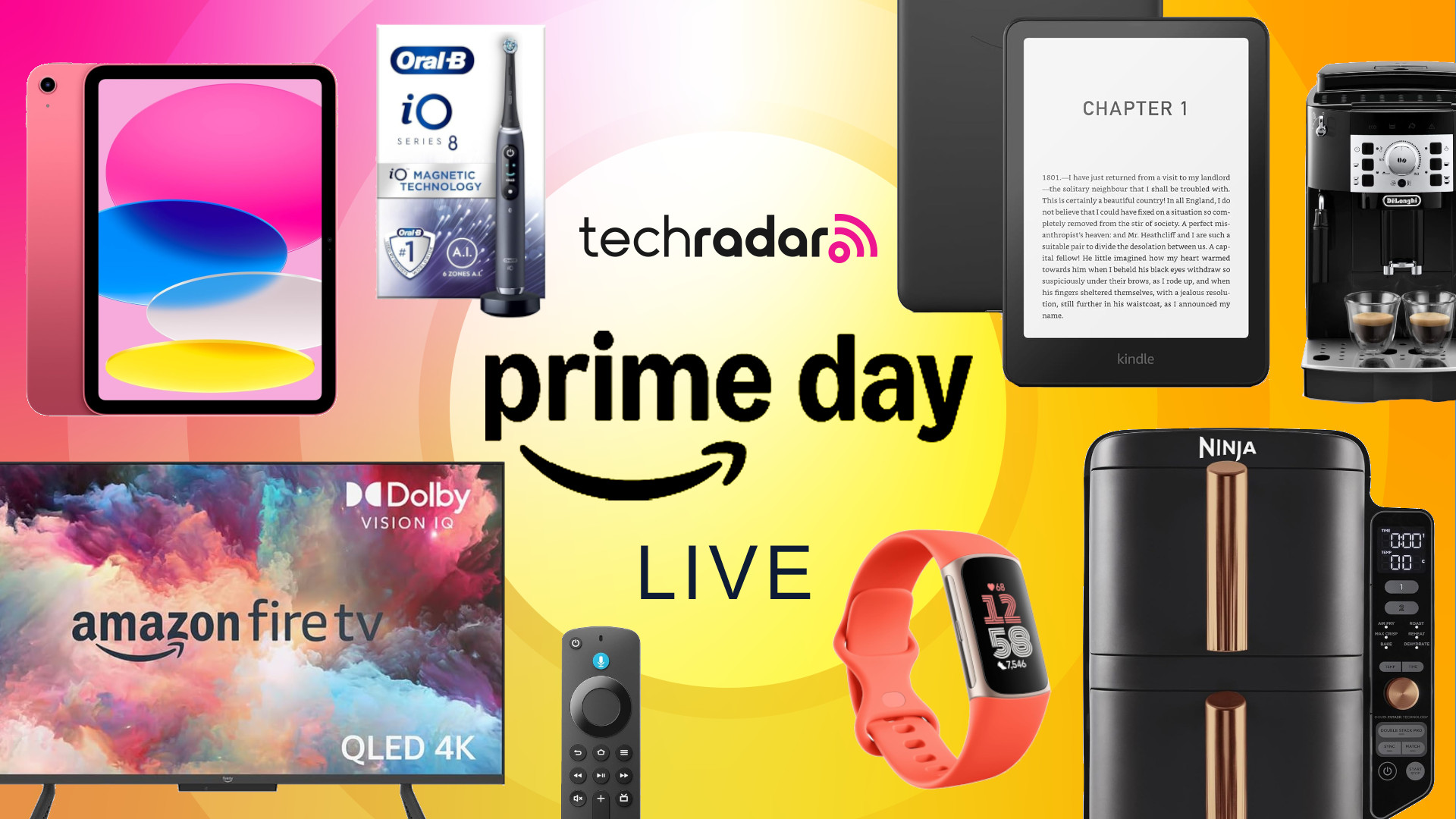Collage of tech on sale in this year's Amazon Prime Day, including Kindle, Fire TV, iPad, coffee machine, electric toothbrush, Fitbit and Ninja air fryer