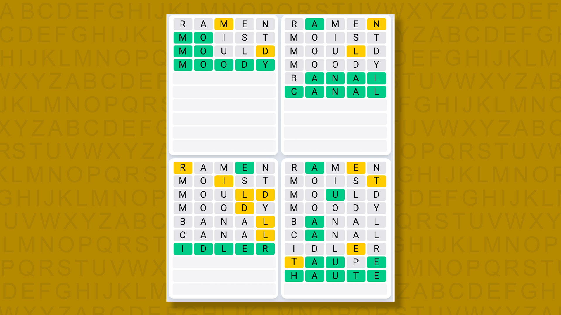 Quordle Daily Sequence answers for game 1350 on a yellow background