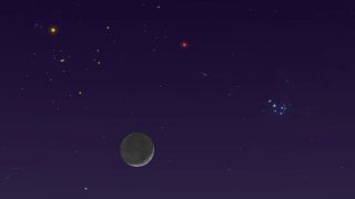 The moon, Mars and the Pleaides in the New York sky on April 8 at 9:30 p.m. EDT.