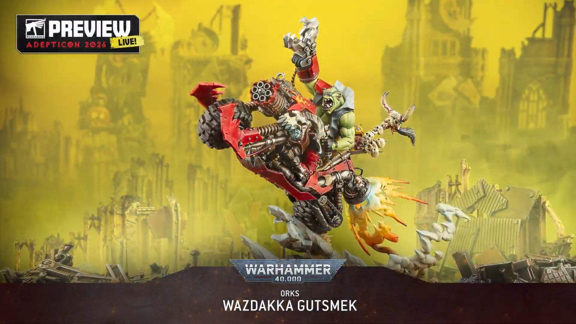 Warhammer miniatures posed against terrain and other models