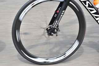 A close up shot of the SRAM disc brakes Team Roompot are running at the Eneco Tour