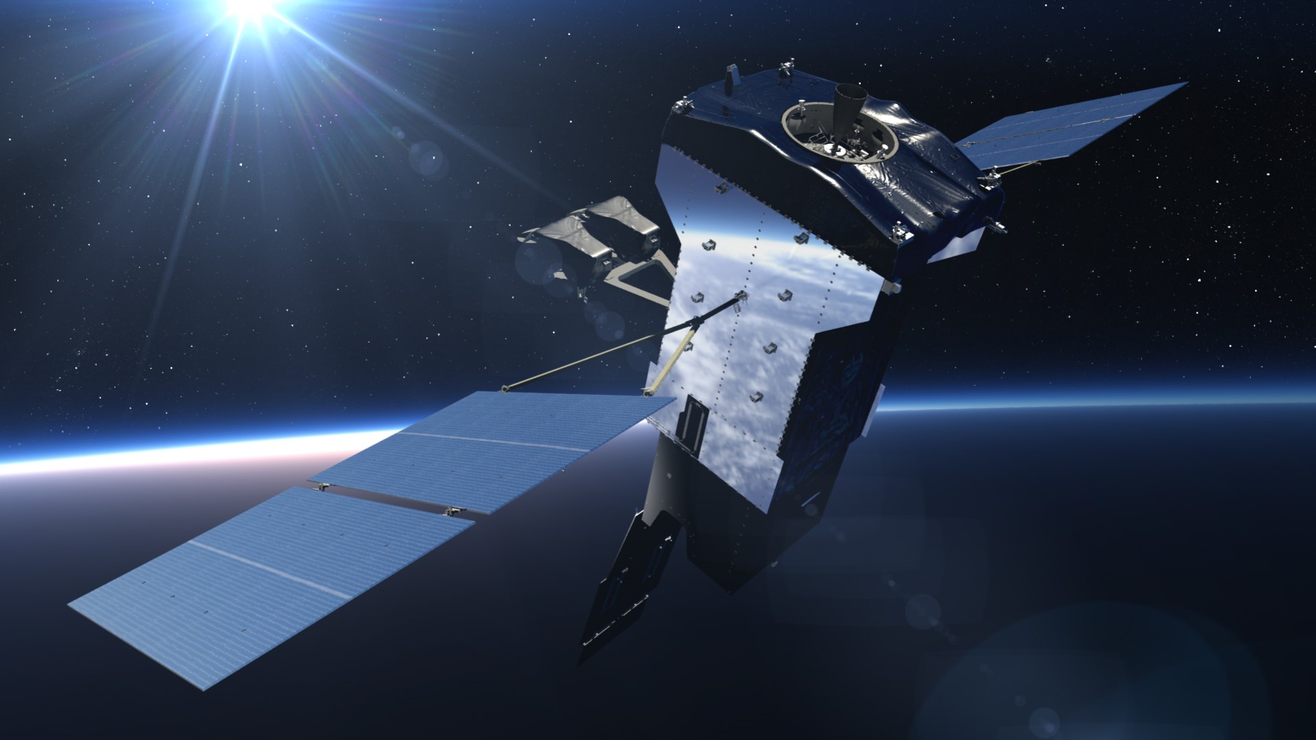 An artist's illustration of an SBIRS GEO satellite in orbit.