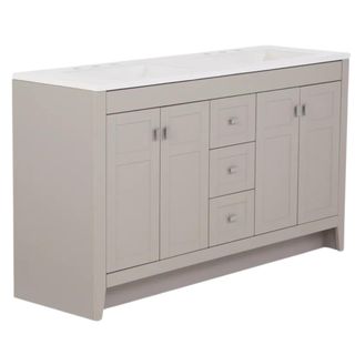 Taupe 4 door 4 drawer with double sink and marble top bathroom vanity with rectangular silver hardware door pulls