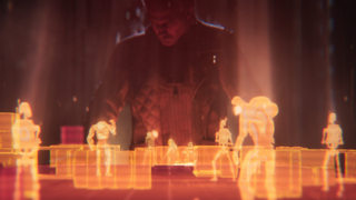 A screenshot from Star Wars: Zero Company, showing a shadowy figure looking down at an orange, holographic battlefield filled with droids.