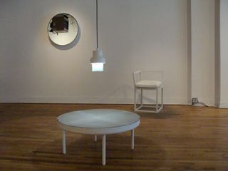 ’New’ mirror, ’Drop’ light, ’Standard’ table and ’Sol’ chair, all by Jonathan Nesci, on display at Noho Next, part of Noho Design District