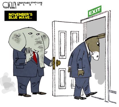 Political cartoon U.S. GOP Republicans Democrats midterm election blue wave