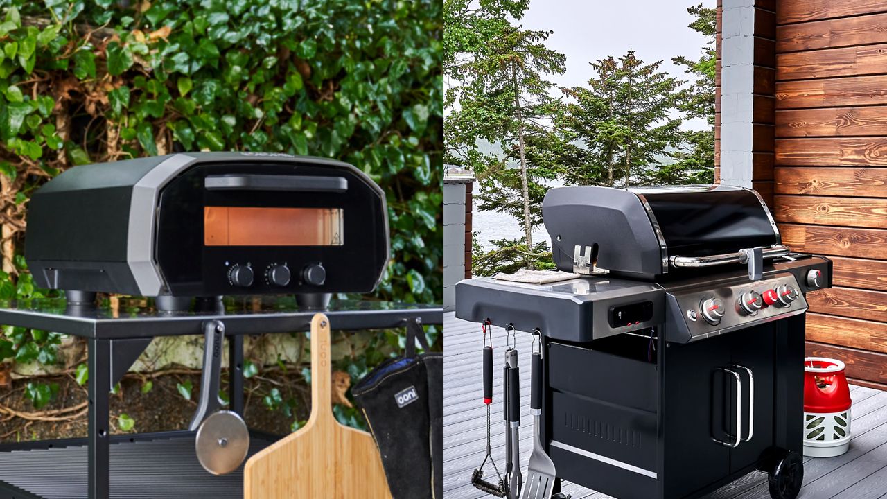 A pizza oven on the left, and a grill on the right