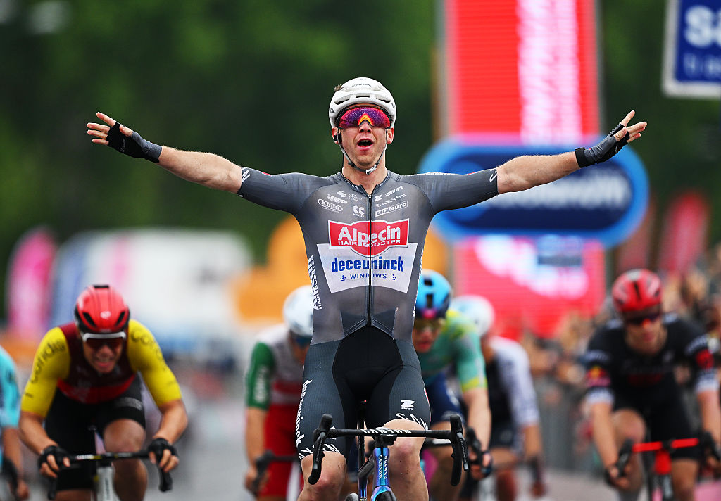 NAPOLI ITALY MAY 15 Kaden Groves of Australia and Team Alpecin Deceuninck celebrates at finish line as stage winner during the 108th Giro dItalia 2025 Stage 6 a 227km stage from Potenza to Napoli UCIWT on May 15 2025 in Potenza Italy Photo by Tim de WaeleGetty Images