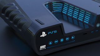 Concept of PS5 dev kit console zoomed in on PS5 logo