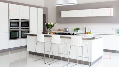 Contemporary white kitchen with island and lots of cabinets to show how to organise kitchen cupboards