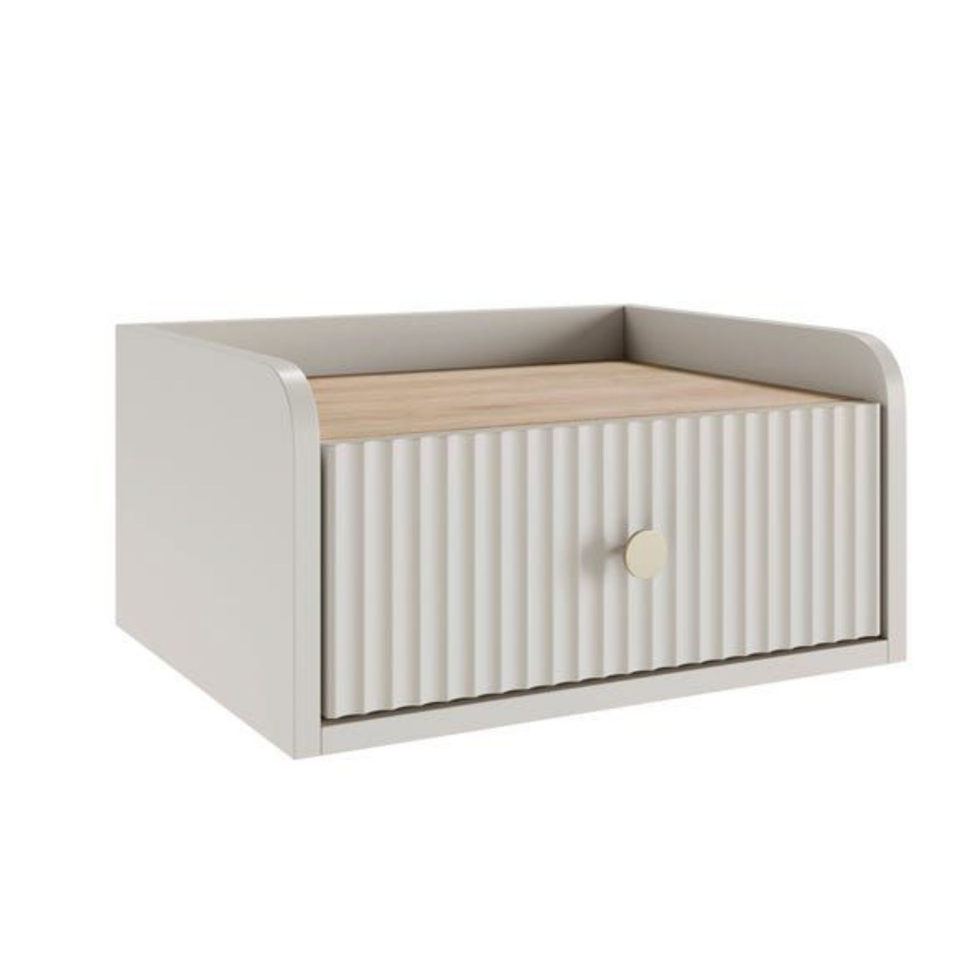 Cream floating bedside table with a drawer and ribbed detailing