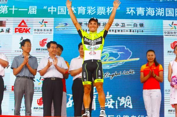 Stage 12 winner, Andrea Guardini at the podium