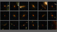 A grid showing 18 dusty galaxies that look like reddish splotches and golden splotches.
