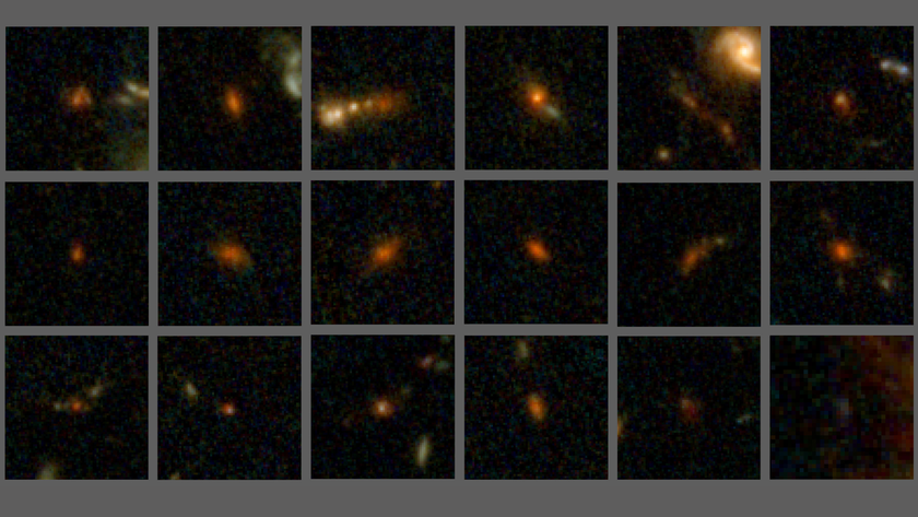 A grid showing 18 dusty galaxies that look like reddish splotches and golden splotches.