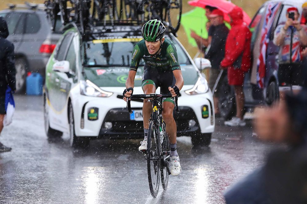 Romain Sicard climbs during stage 12.