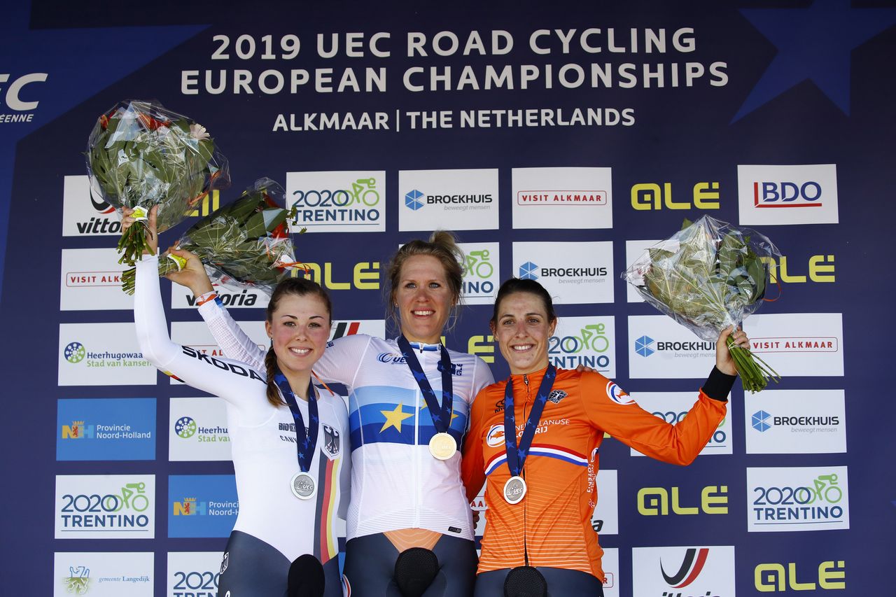 The European elite women's TT podium (l-r): Lisa Klein (Germany), Ellen van Dijk (Netherlands) and Lucinda Brand (Netherlands)