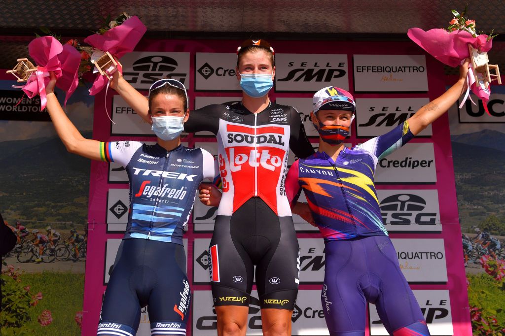 MADDALONI ITALY SEPTEMBER 17 Podium Elisabeth DeignanArmitstead of The United Kingdom and Team Trek Segafredo Lotte Kopecky of Belgium and Team Lotto Soudal Ladies Katarzyna Niewiadoma of Poland and Team Canyon SRAM Racing Celebration Mask Covid safety measures Hostess Miss sduring the 31st Giro dItalia Internazionale Femminile 2020 Stage 7 a 1125km stage from Nola to Maddaloni GiroRosaIccrea GiroRosa on September 17 2020 in Maddaloni Italy Photo by Luc ClaessenGetty Images