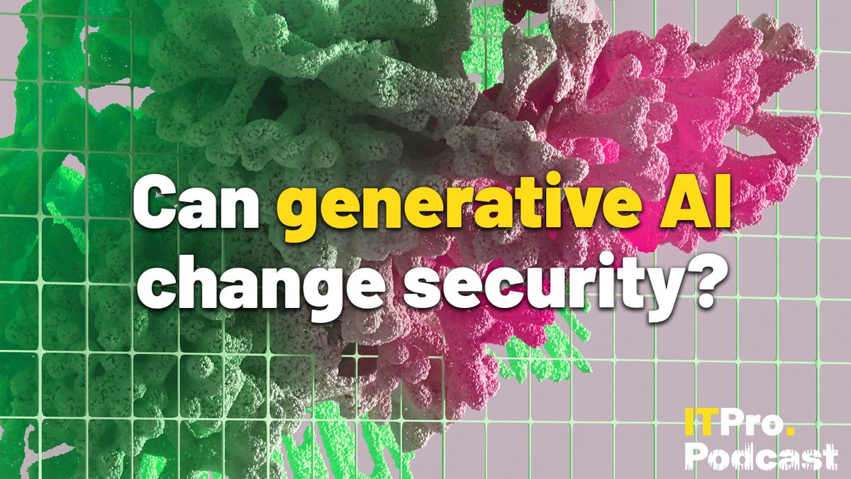 The words ‘Can generative AI change security?’ with ‘generative AI’ in yellow and the rest in white against a CGI render of green and pink coral seeping through a wire mesh fence