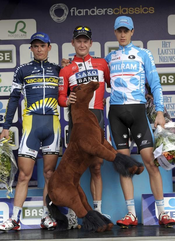 The Dwars door Vlaanderen podium: Bjorn Leukemans (Vacansoleil), Matti Breschel (Saxo Bank) and Niki Terpstra (Milram)