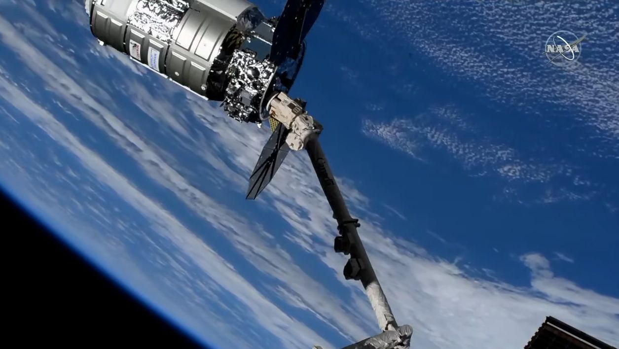 The Northrop Grumman Cygnus NG-16 cargo ship S.S. Ellison Onizuka is captured by a robotic arm as it arrived at the International Space Station on Aug. 12, 2021 to deliver its heaviest NASA load yet.