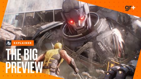Wolverine faces down a Sentinel, with the orange GamesRadar Big Preview frame