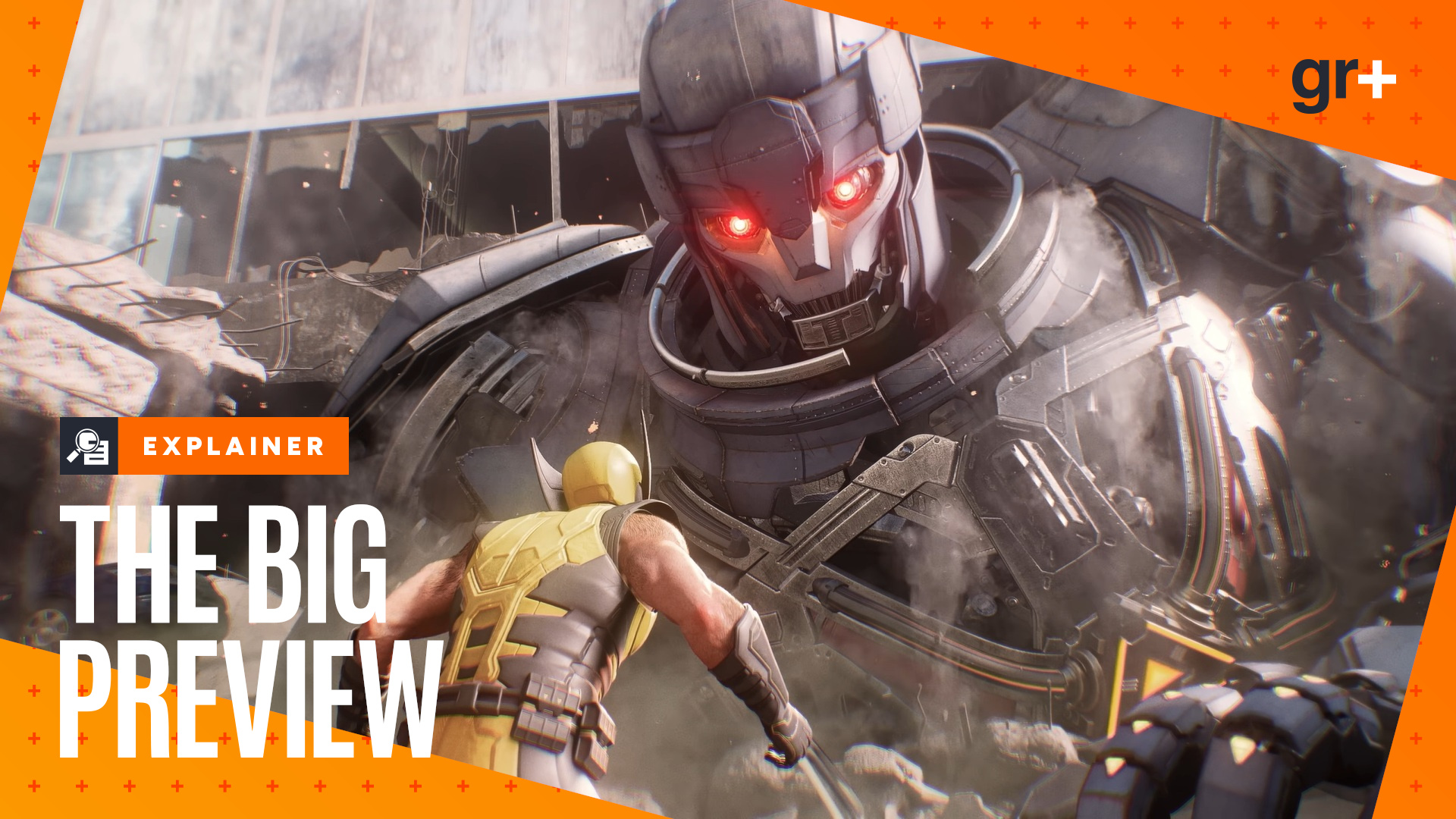 Wolverine faces down a Sentinel, with the orange GamesRadar Big Preview frame