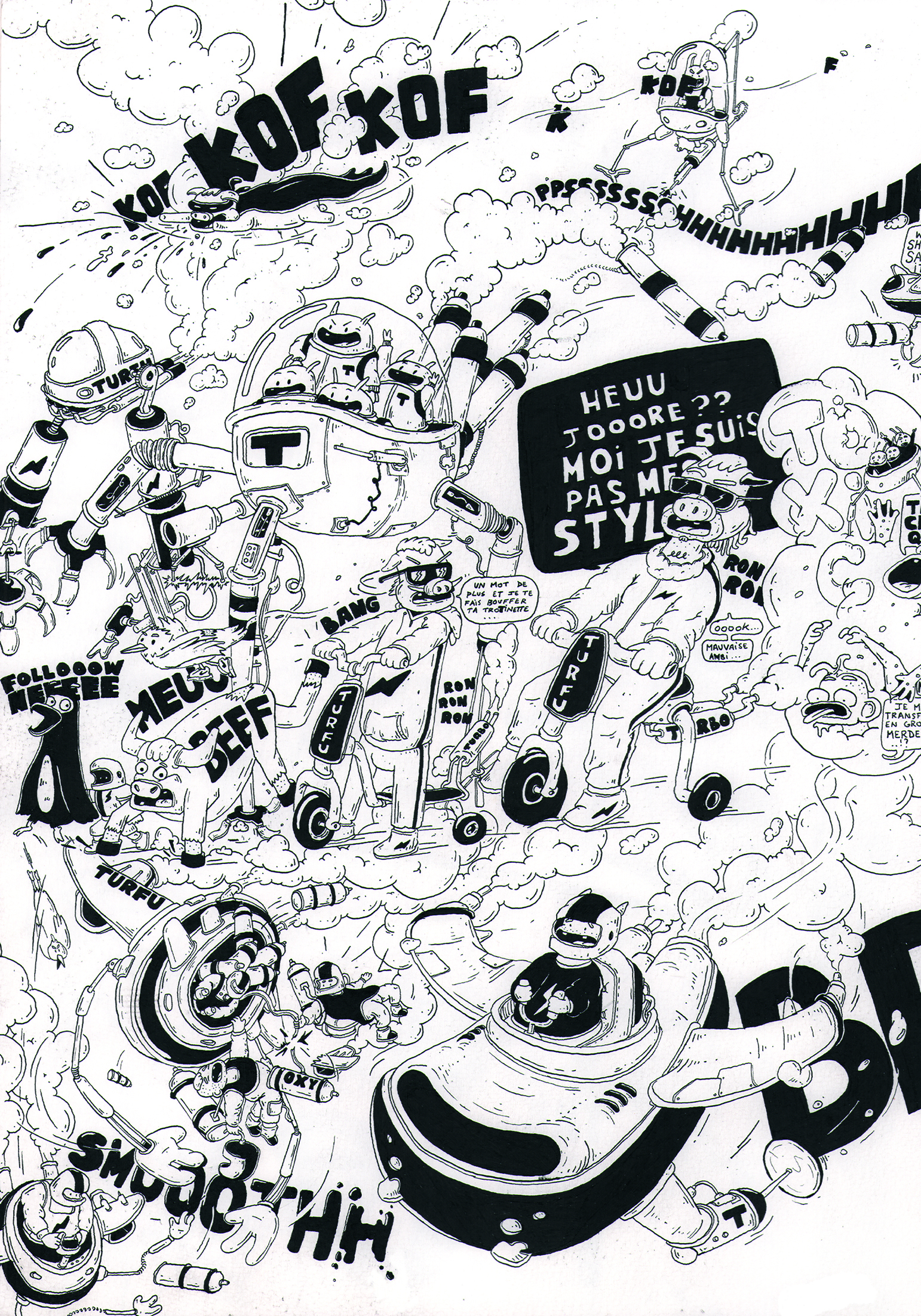 Ink line art showing a busy scene with humanised animal characters on scooters and text in French