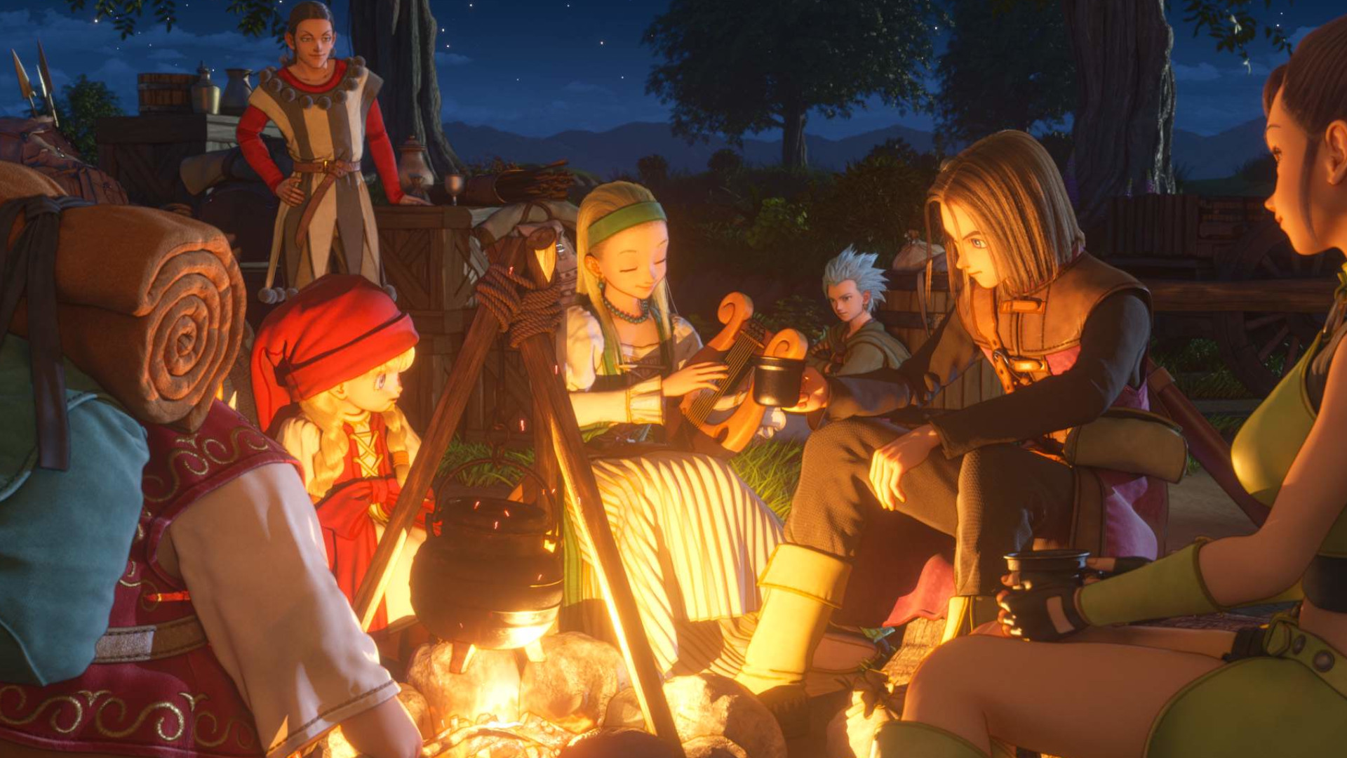 The hero at a campsite with his party and night during the RPG Dragon Quest 11 S: Echoes of an Elusive Age - Definitive Edition