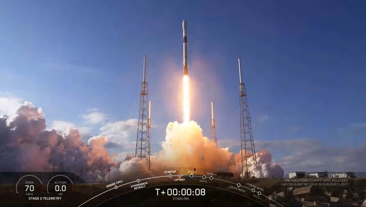 A SpaceX Falcon 9 rocket launches 60 new Starlink satellites on the Starlink-3 mission from Cape Canaveral Air Force Station in Florida on Jan. 29, 2020.
