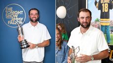 (left) Scottie Scheffler smiles while holding the Claret Jug in front of a The Tonight Show starring Jimmy Fallon sign while (right) Scheffler appears with the Claret Jug at the premiere of Happy Gilmore 2
