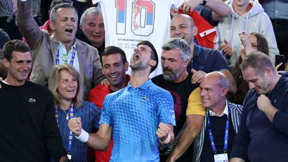 Novak Djokovic celebrates his victory at the 2023 Australian Open  